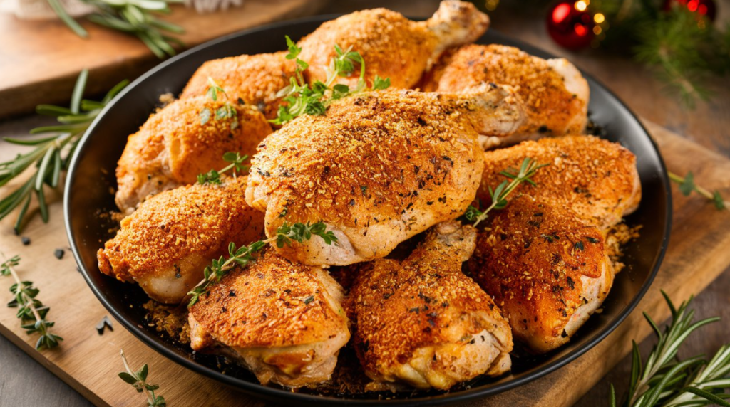 Chicken wings with herbs and spices in a black dish, served with shake and bake chicken.