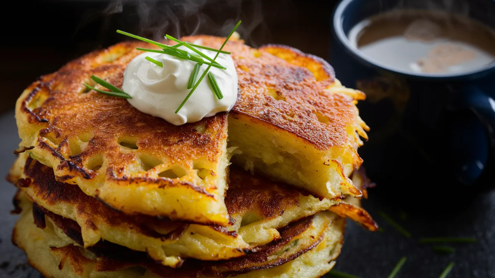 Homemade potato pancakes served with sour cream and green onions. Potato Pancake Recipe