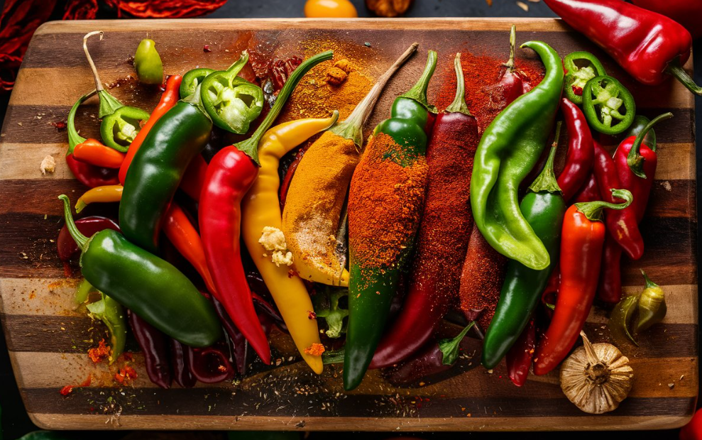 Assorted peppers and spices on a cutting board, perfect for making chili seasoning recipe.