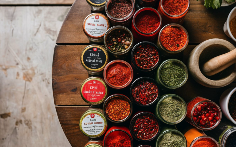 1. Various jars of spices and herbs on a table, perfect for a chili seasoning recipe. 2. Assorted spice and herb jars displayed on a table, ideal for making chili seasoning. 3. Table filled with jars of spices and herbs, great for creating a chili seasoning recipe.