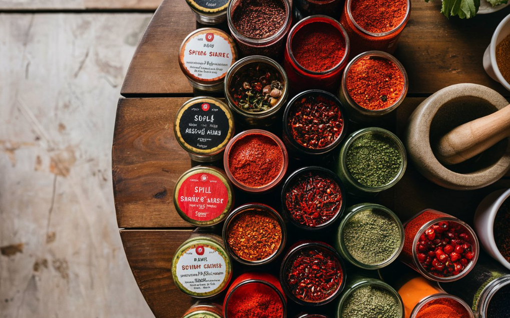 1. Various jars of spices and herbs on a table, perfect for a chili seasoning recipe. 2. Assorted spice and herb jars displayed on a table, ideal for making chili seasoning. 3. Table filled with jars of spices and herbs, great for creating a chili seasoning recipe.