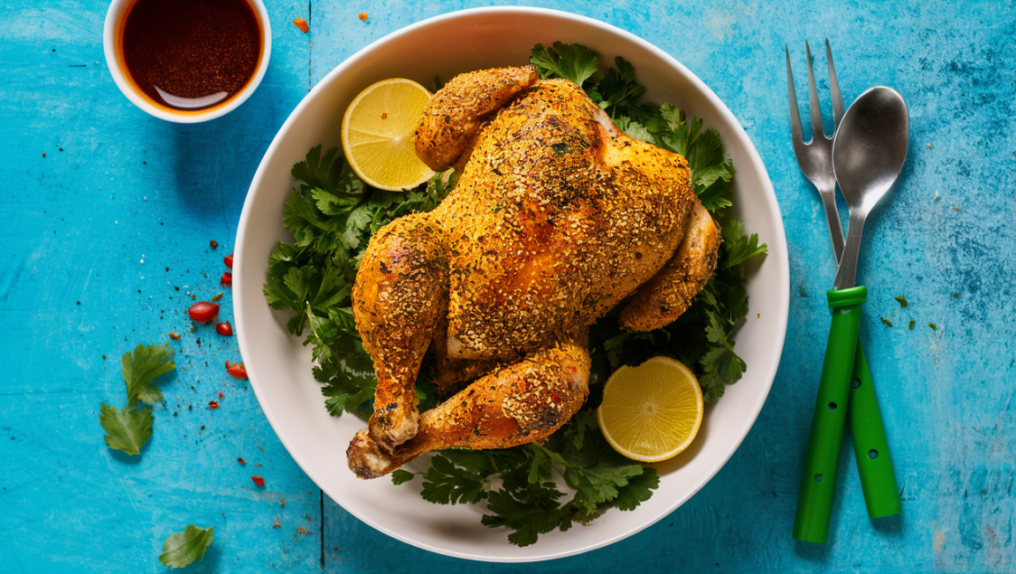  Chicken wings with herbs and spices in a black dish, served with shake and bake chicken.