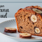 1. A slice of vegan banana bread on a plate.