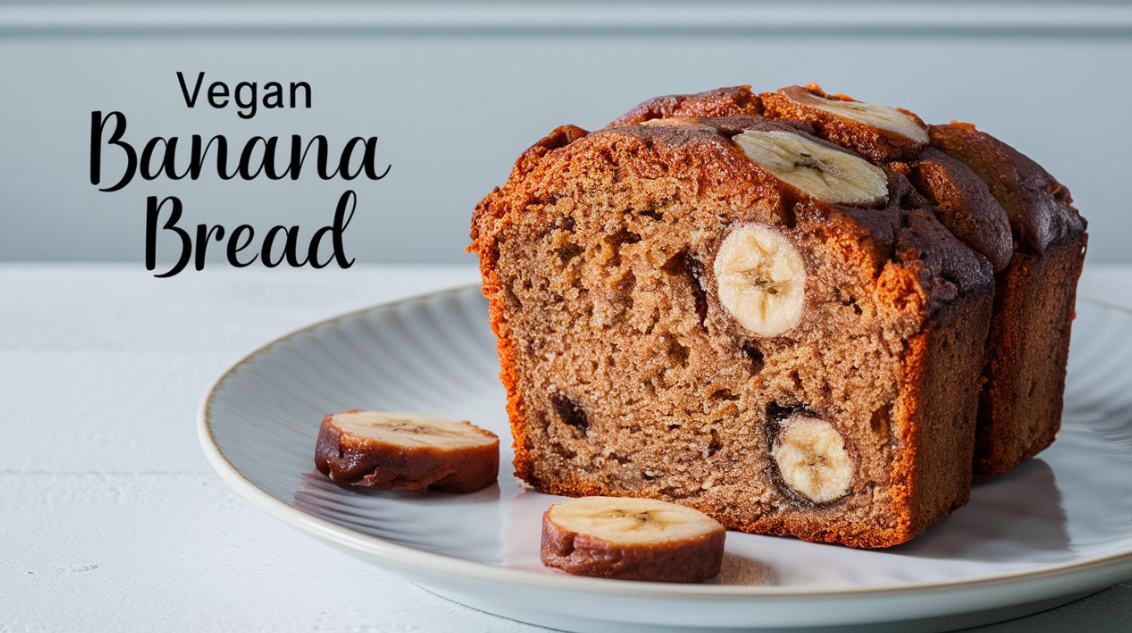 1. A slice of vegan banana bread on a plate.