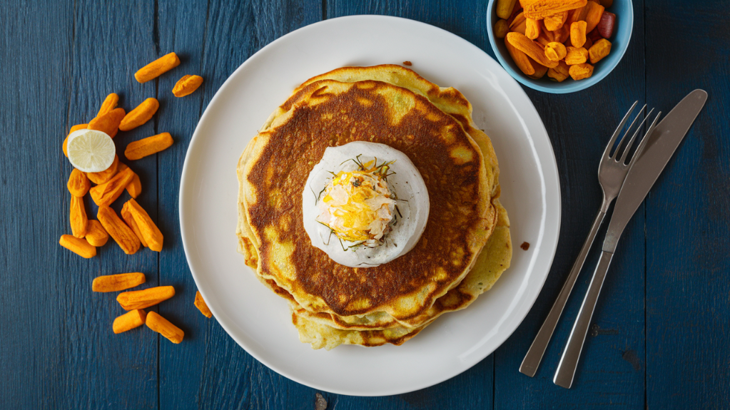  A white plate with potato pancakes topped with eggs and cheese.