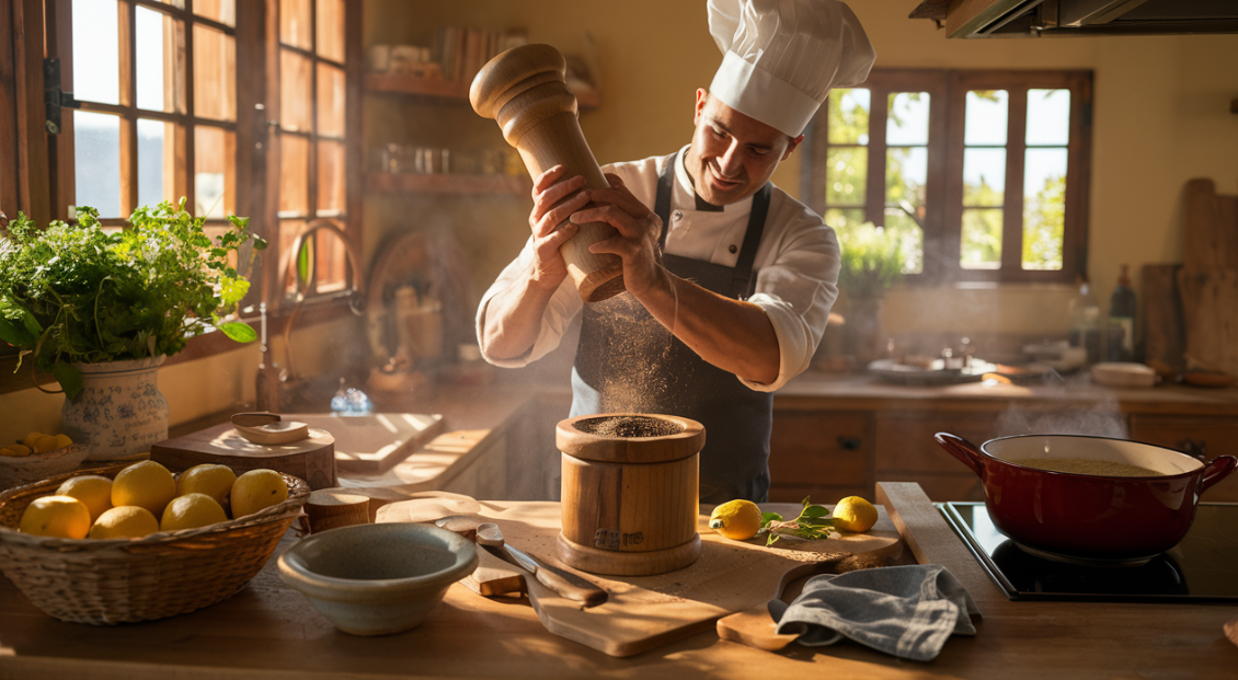 A chef in a kitchen preparing lemon pepper food.