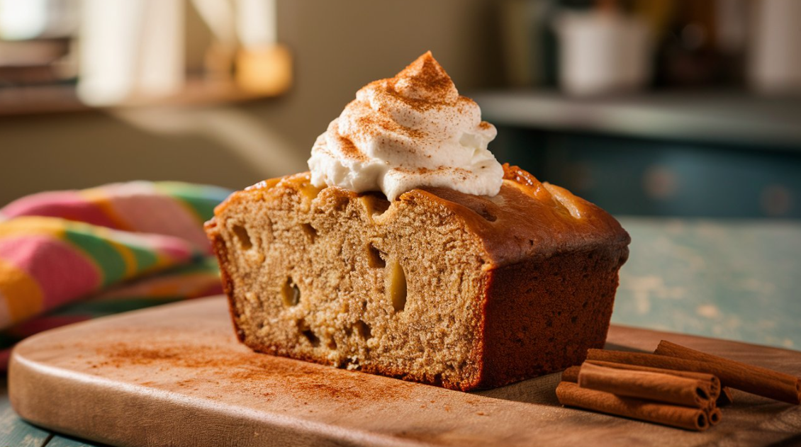 A vegan slice of banana bread topped with fluffy whipped cream, a delightful treat for all dessert lovers.