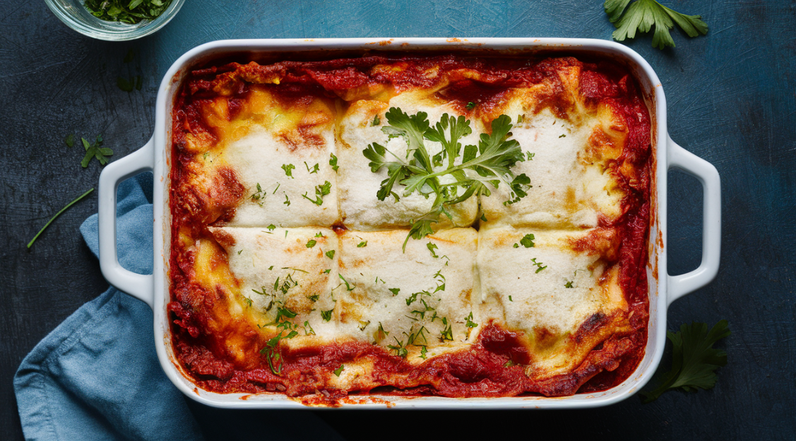 A savory lasagna dish with layers of ricotta cheese and meat, baked to perfection in a casserole dish.