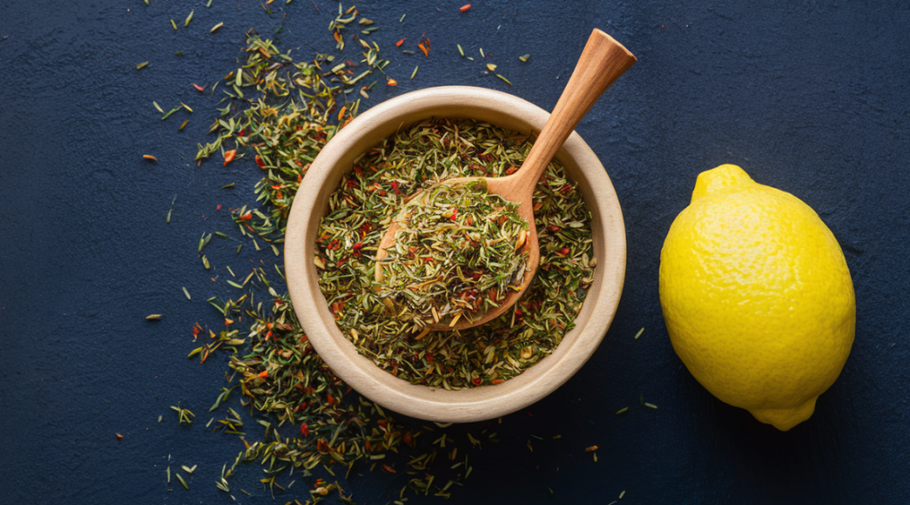 Bowl containing lemon slices and a mix of herbs.