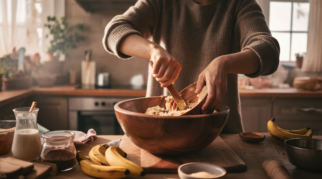 Woman preparing vegan banana bread batter in a mixing bowl.