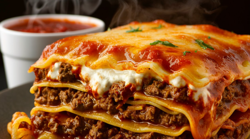 Delicious lasagna with ricotta cheese, served with a side of sauce.