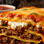 Delicious lasagna with ricotta cheese, served with a side of sauce.